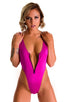 womens trending one piece thong swimsuit with sexy zipper front in magenta; Zipper Front High Cut One Piece Thong in Magenta, Rear View; Zipper Front High Cut O