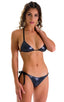 Low Rise Side Tie Brazilian Bikini Bottom in Black Ice with Black Strings, Front View; Low Rise Side Tie Brazilian Bikini Bottom in Black Ice with Black Strings
