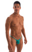 mens jade micro pouch swimsuit half back bikini skinz swimwear; Stuffit Pouch Half Back Tanning Swimsuit in Deep Jade, Rear View; Stuffit Pouch Half Back Tannin