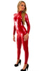 Front Zipper Catsuit-Bodysuit for Women in Gloss Red Superstretch Vinyl-Lycra, Front View; Front Zipper Catsuit-Bodysuit for Women in Gloss Red Superstretch Vin