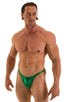 mens posing suit with fitted pouch and puckered butt bodybuilder bikini half back in metallic kelly green; Posing Suit - Fitted Pouch - Puckered Back in Mystiqu