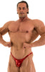 mens posing suit with fitted pouch and puckered butt bodybuilder bikini half back in metallic red; Posing Suit - Fitted Pouch - Puckered Back in Metallic Lipsti