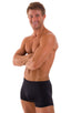 mens square cut best seller black swimsuit boxer trunks skinz swimwear; Mens Square Cut Seamless Swim Trunks in Black tricot-nylon-lycra 2; Mens Square Cut Seam