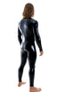 Full Bodysuit Zentai Lycra Spandex Suit for men in Gloss Black Superstretch Vinyl, Front View; Full Bodysuit Zentai Lycra Spandex Suit for men in Gloss Black Su