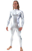 Full Bodysuit Zentai Lycra Spandex Suit for men in Silver Surfer Chrome, Front View; Full Bodysuit Zentai Lycra Spandex Suit for men in Silver Surfer Chrome, Re