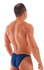 Fitted Pouch - Puckered Back - Posing Suit in Navy Blue, Front View; Fitted Pouch - Puckered Back - Posing Suit in Navy Blue, Rear View; Special Order Notice; F