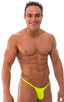 mens micro g string sexy swimsuit bikini in Chartreuse, Front View; Stuffit Pouch G String Swimsuit in Chartreuse, Rear View; Gold Tri-Ring connector; Special O