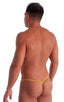 Roman G String Swim Thong in Metallic Liquid Gold, Front View; Roman G String Swim Thong in Metallic Liquid Gold, Rear View; Special Order Notice; Roman G Strin