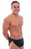 Swimsuit Cover Up Split Running Shorts in ThinSKINZ Black, Front View; Swimsuit Cover Up Split Running Shorts in ThinSKINZ Black, Rear View; Special Order Notic