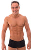 mens swimwear square cut boxer style swimsuit in Semi Sheer ThinSKINZ Black; Extreme Low Square Cut Swim Trunks in Semi Sheer ThinSKINZ Black, Rear View; Specia