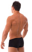 mens swimwear square cut boxer style swimsuit in Semi Sheer ThinSKINZ Black; Extreme Low Square Cut Swim Trunks in Semi Sheer ThinSKINZ Black, Rear View; Specia