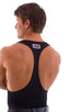 String Tank Gym Tee in Black nylon-lycra, Front View; String Tank Gym Tee in Black nylon-lycra, Rear View; Special Order Notice; String Tank Gym Tee in Black ny
