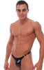 Male Review Stripper Swim Thong in Gloss Black Vinyl, Front View; Male Review Stripper Swim Thong in Gloss Black Vinyl, Rear View; Male Review Stripper Swim Tho