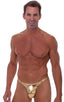 Male Review Stripper Swim Thong in Liquid Gold, Front View; Male Review Stripper Swim Thong in Liquid Gold, Rear View; Gold Hook connector; Special Order Notice