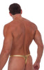 Male Review Stripper Swim Thong in Liquid Gold, Front View; Male Review Stripper Swim Thong in Liquid Gold, Rear View; Gold Hook connector; Special Order Notice