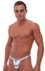 Male Review Stripper Swim Thong in Liquid Silver, Front View; Male Review Stripper Swim Thong in Liquid Silver, Rear View; Silver Hook connector; Special Order