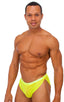 Swimsuit Cover Up Split Running Shorts in Chartreuse Mesh, Front View; Swimsuit Cover Up Split Running Shorts in Chartreuse Mesh, Rear View; Special Order Notic