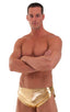 Swimsuit Cover Up Split Running Shorts in Liquid Gold, Front View; Swimsuit Cover Up Split Running Shorts in Liquid Gold, Rear View; Special Order Notice; Swims