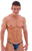 Stuffit Pouch Half Back Tanning Swimsuit in Lazer Blue Lightning, Front View; Stuffit Pouch Half Back Tanning Swimsuit in Lazer Blue Lightning, Rear View; Speci