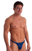T Back Thong Swimsuit in Dark Navy Blue, Front View; T Back Thong Swimsuit in Dark Navy Blue, Rear View; Special Order Notice; T Back Thong Swimsuit in Dark Nav