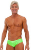 Riviera Swim Suit Brief in Neon Lime, Front View; Riviera Swim Suit Brief in Neon Lime, Rear View; Special Order Notice; Riviera Swim Suit Brief in Neon Lime Fa