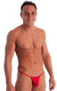 Adjustable to Micro Pouch Tanning Bikini in Wet Look Red, Front View; Adjustable to Micro Pouch Tanning Bikini in Wet Look Red 2; Adjustable to Micro Pouch Tann