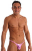 Stuffit Pouch G String Swimsuit in Metallic Mystique Bubblegum Pink, Front View; Stuffit Pouch G String Swimsuit in Metallic Mystique Bubblegum Pink, Rear View;