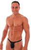 T Back Thong Swimsuit - Bravura Pouch in ThinSKINZ Black - Semi Sheer, Front View; T Back Thong Swimsuit - Bravura Pouch in ThinSKINZ Black - Semi Sheer, Rear V