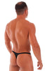 T Back Thong Swimsuit - Bravura Pouch in ThinSKINZ Black - Semi Sheer, Front View; T Back Thong Swimsuit - Bravura Pouch in ThinSKINZ Black - Semi Sheer, Rear V