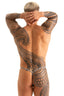 Men's teardrop y-back G-string underwear in pine green. Soft polyester spandex fabric with contoured pouch, minimal coverage, and supportive low rise design. Contoured pouch minimal coverage