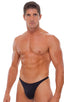 Swimsuit Thong with Pouch Enhancement in Matte Black, Front View; Swimsuit Thong with Pouch Enhancement in Matte Black, Rear View; Swimsuit Thong with Pouch Enh