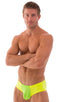 Pouch Enhanced Micro Square Cut Swim Trunks in Lime and Chartreuse, Front View; Pouch Enhanced Micro Square Cut Swim Trunks in Lime and Chartreuse, Rear View; S