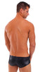 Pouch Enhanced Micro Square Cut Swim Trunks in Wet Look Black, Front View; Pouch Enhanced Micro Square Cut Swim Trunks in Wet Look Black, Rear View; Special Ord