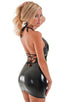 Sexy Lace Up Bodycon Club Mini Dress in Gloss Black Stretch Vinyl, Front View; Sexy Lace Up Bodycon Club Mini Dress in Gloss Black Stretch Vinyl, Rear View; Sex