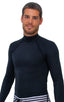 Swim Skin Rash Guard in Black Tricot nylon/lycra, Front View; Swim Skin Rash Guard in Black Tricot nylon/lycra, Rear View; Special Order Notice; Swim Skin Rash