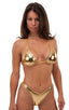 Womens Rio Bikini High Cut Swimsuit Bottom in Liquid Gold, Front View; Womens Rio Bikini High Cut Swimsuit Bottom in Liquid Gold, Rear View; Special Order Notic