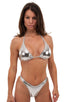 Womens Rio Bikini High Cut Swimsuit Bottom in Liquid Chrome, Front View; Womens Rio Bikini High Cut Swimsuit Bottom in Liquid Chrome, Rear View; Special Order N