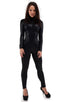 Front Zipper Catsuit-Bodysuit for Women in Wet Look Black, Front View; Front Zipper Catsuit-Bodysuit for Women in Wet Look Black, Rear View; Front Zipper Catsui