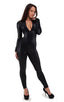Front Zipper Catsuit-Bodysuit for Women in Wet Look Black, Front View; Front Zipper Catsuit-Bodysuit for Women in Wet Look Black, Rear View; Front Zipper Catsui