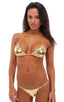 Skinny Side Rio Bikini Bottom in Liquid Gold, Front View; Skinny Side Rio Bikini Bottom in Liquid Gold, Rear View; Special Order Notice; Skinny Side Rio Bikini