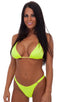 Womens Hooked Swimwear Thong Swimsuit Bottom in Chartreuse, Front View; Womens Hooked Swimwear Thong Swimsuit Bottom in Chartreuse, Rear View; Gold Hook connect