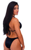 Womens Posing Suit Bodybuilder Contest Bikini Bottom in Wet Look Black, Front View; Womens Posing Suit Bodybuilder Contest Bikini Bottom in Wet Look Black, Rear