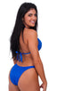 Womens Shaped Triangle Posing Top in M-Tex Wet Look Royal Blue, Front View; Womens Shaped Triangle Posing Top in M-Tex Wet Look Royal Blue, Rear View