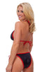 Womens Banded Triangle Swimsuit Top in Wet Look Black and Red, Front View; Womens Banded Triangle Swimsuit Top in Wet Look Black and Red, Rear View; Special Ord