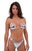 Womens Posing Suit Bodybuilder Contest Bikini Bottom in Liquid Silver, Front View; Womens Posing Suit Bodybuilder Contest Bikini Bottom in Liquid Silver, Rear V