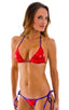 Cheeky Scrunchie Banded Side Tie Bikini Bottom in Metallic Mystique Red and Purple, Front View; Cheeky Scrunchie Banded Side Tie Bikini Bottom in Metallic Mysti