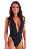 Plunging Neckline One Piece Tanga in Semi Sheer ThinSKINZ Black, Front View; Plunging Neckline One Piece Tanga in Semi Sheer ThinSKINZ Black, Rear View; Speci