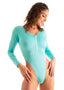 Womens rash guard one piece suit with long sleeves and high leg cut, thong back, sexy womens rash guard for surfing and fishing, turquoise, aqua, Woman wearing a blue and green patterned swimsuit on a white background