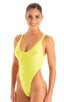 Womens One Piece Thong Swimsuit in Super ThinSKINZ Lemon-Lime 1; Womens One Piece Thong Swimsuit in Super ThinSKINZ Lemon-Lime 2; Womens One Piece Thong Swimsui