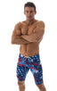 Swim-Dive Competition Watersports Shorts in American Flag Collage, Front View; Swim-Dive Competition Watersports Shorts in American Flag Collage, Rear View; Swi